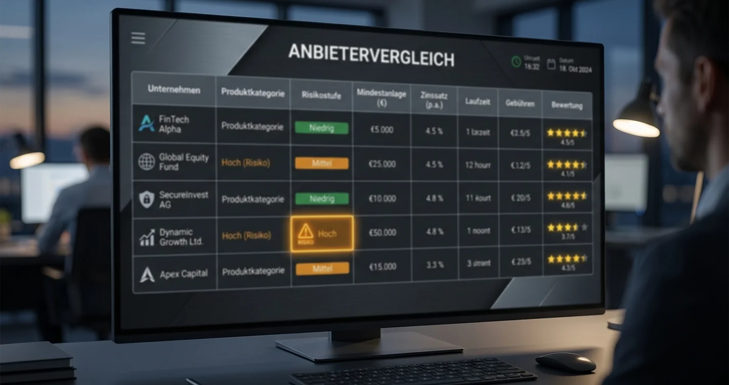 Nüchternes Tabellenraster mit Warnsymbolen, das Risiko-Marker je Anbieterprofil andeutet