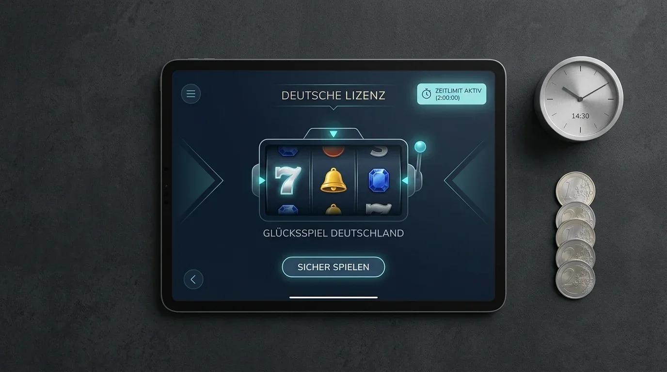 Abstrakte Darstellung eines Tablets mit Spielautomaten-Symbolen und Limit-Anzeigen