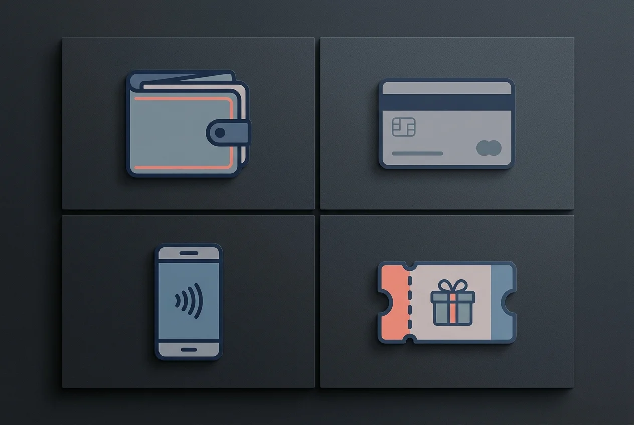 Sammlung abstrakter E-Wallet- und Kartensymbole als Übersicht der Zahlungsoptionen