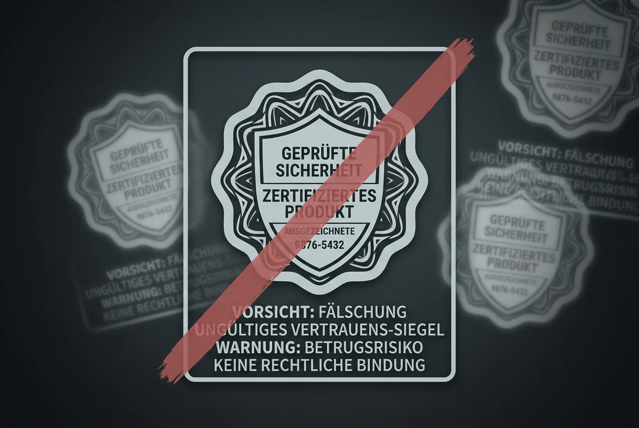 Abstraktes Warnsymbol mit durchgestrichenem gefälschtem Gütesiegel