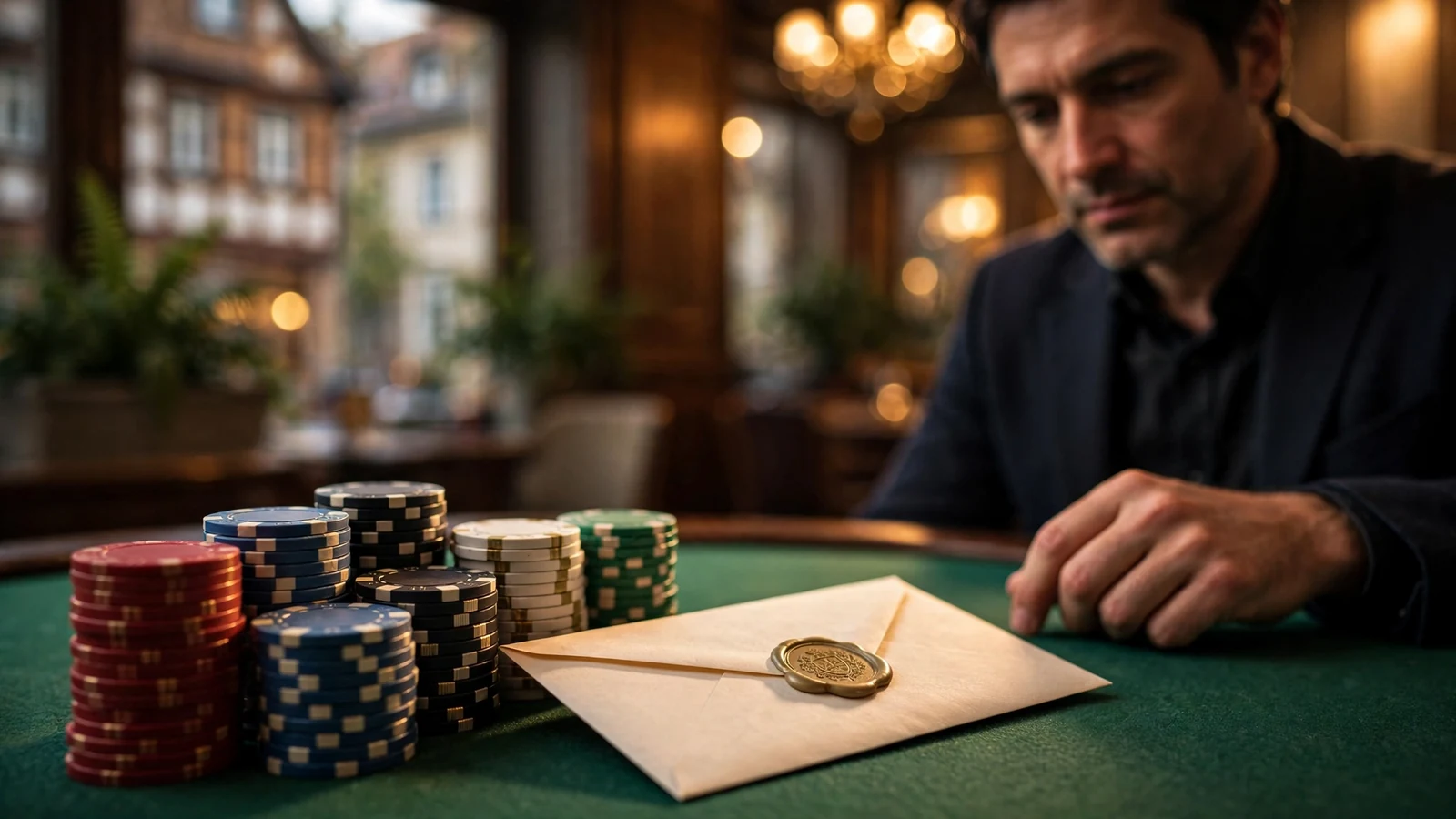 Stapel bunter Spielchips auf grünem Filztisch neben einem versiegelten Bonus-Umschlag.