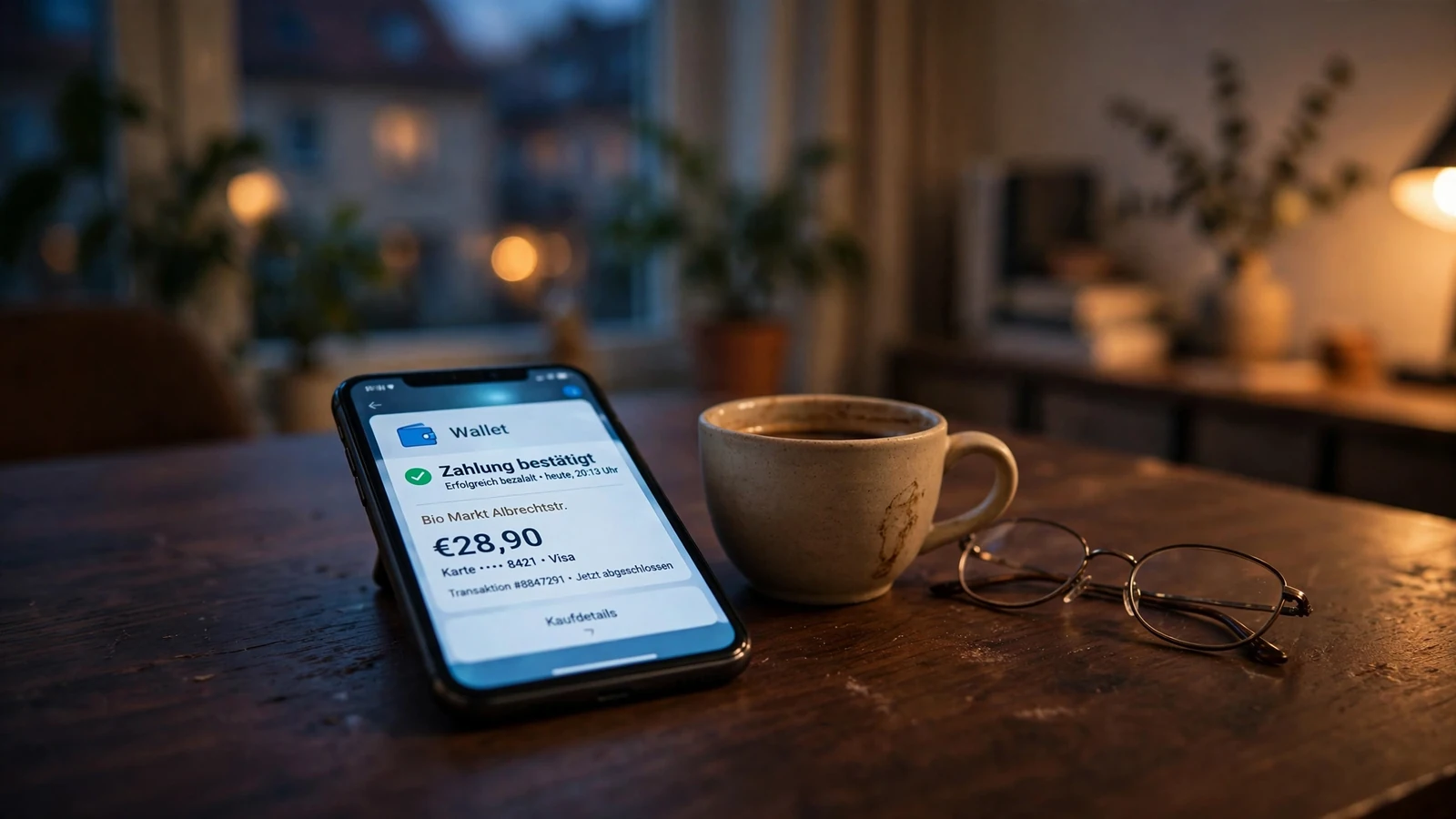 Smartphone mit E-Wallet-Bestätigung auf Schreibtisch bei warmem Lampenlicht