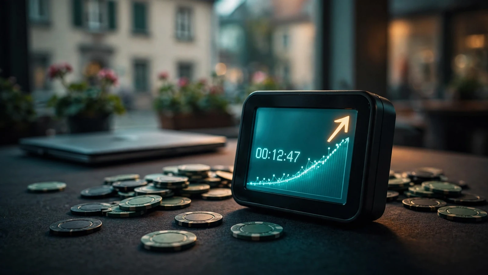 Beleuchtete Multiplikator-Anzeige mit steigender Kurve und Casino-Chips auf Filzunterlage