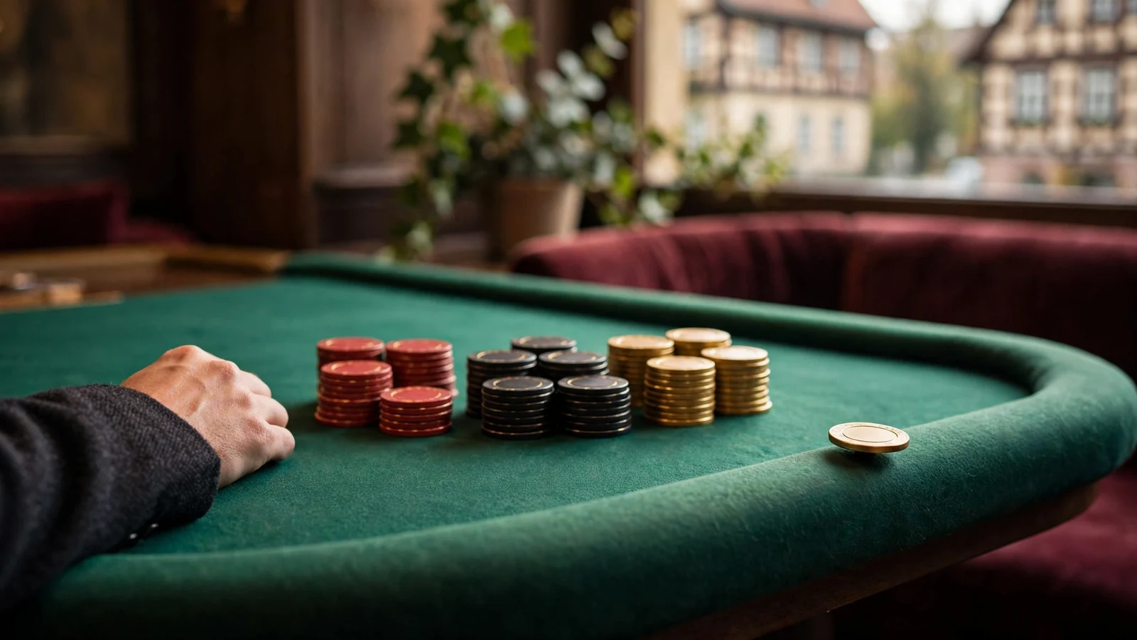 Stapel Casino-Chips auf grünem Filztisch mit Hand in dunklem Sakko