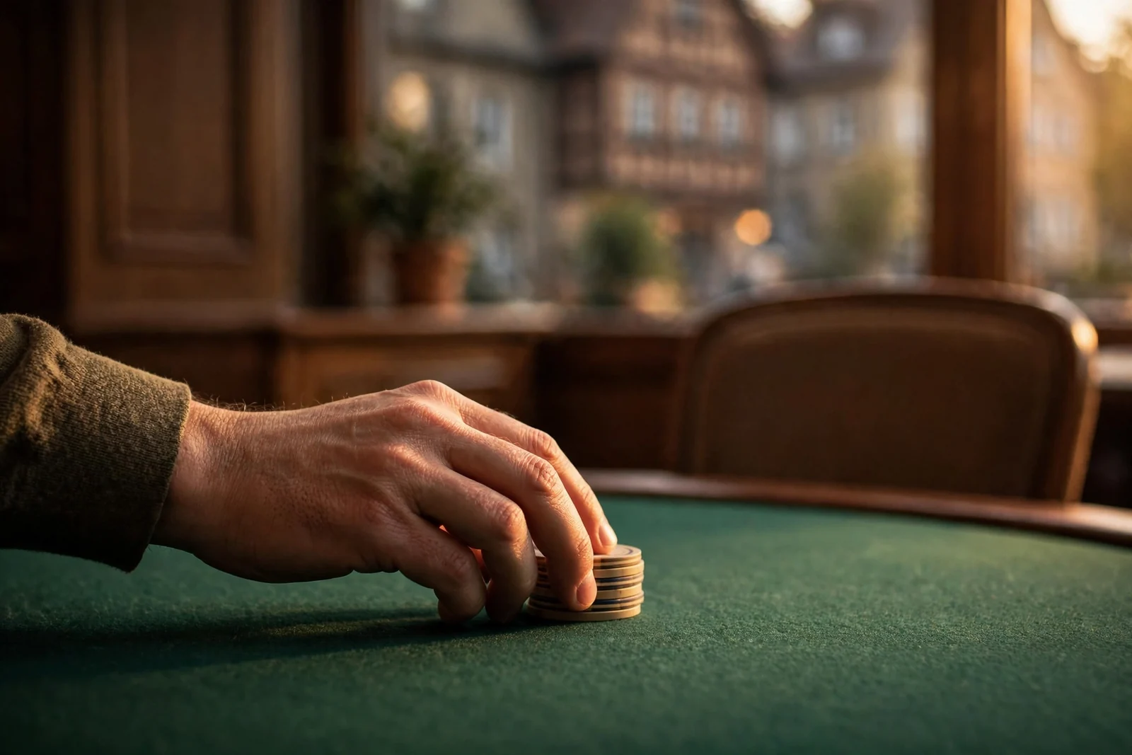 Hand schiebt Spielchips über einen Casino-Tisch in warmem Licht.