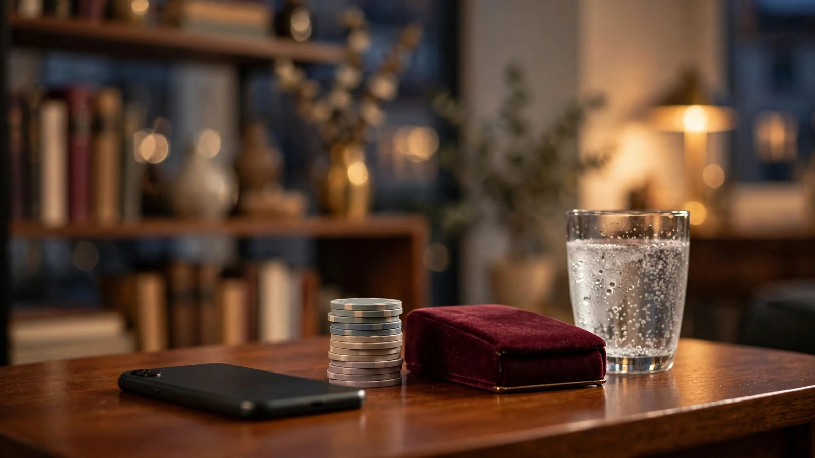 Casino-Chips und verdecktes Smartphone auf einem Tisch im warmen Abendlicht