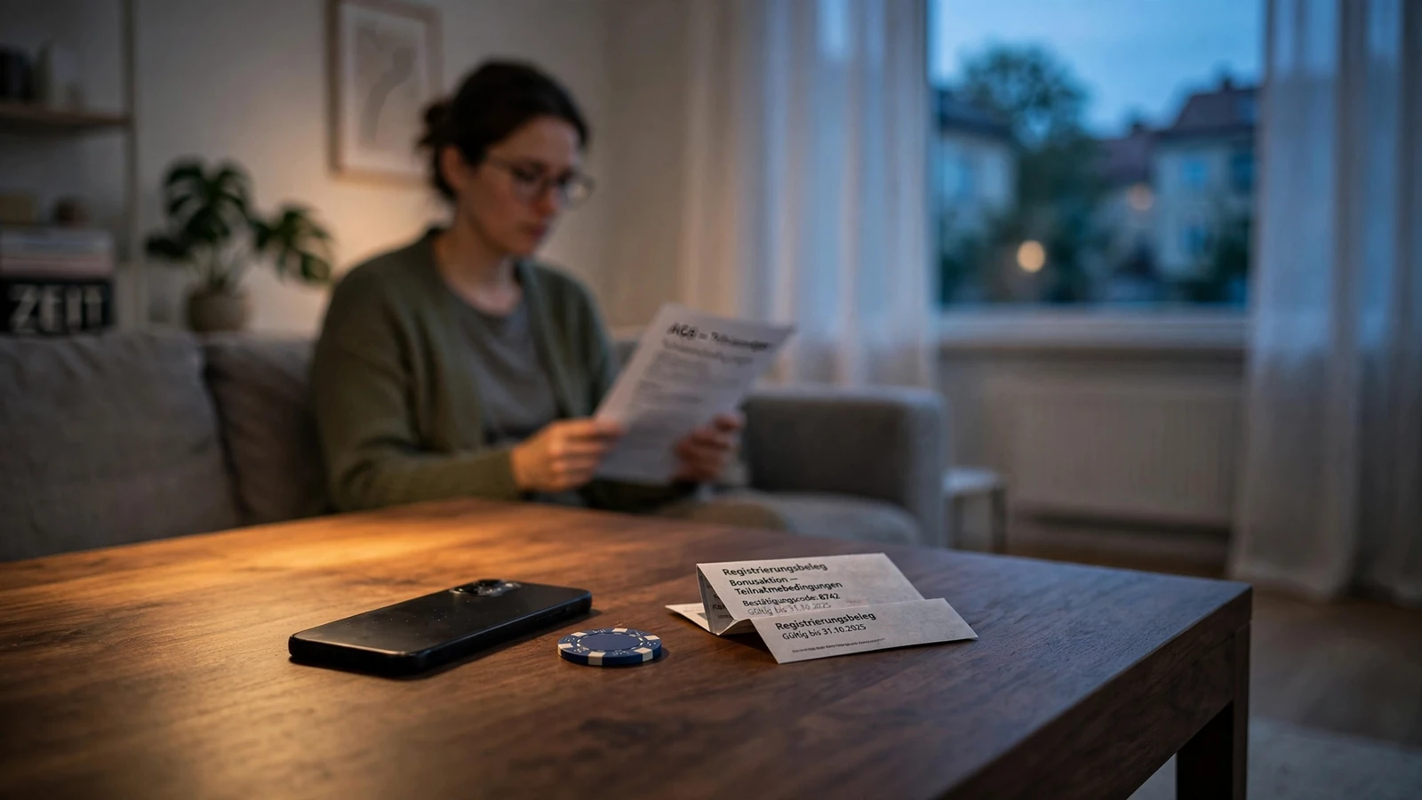 Abendliches Wohnzimmer mit Smartphone, Casino-Chip und Faltbonnear auf dem Tisch, Person liest Kleingedrucktes.