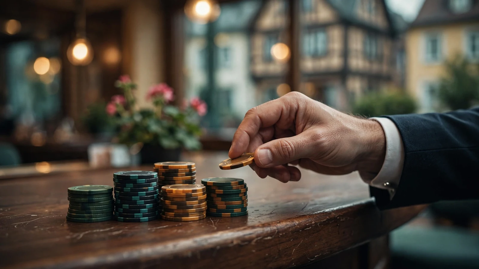 Nahaufnahme von gestapelten Casinochips auf einem Filztisch