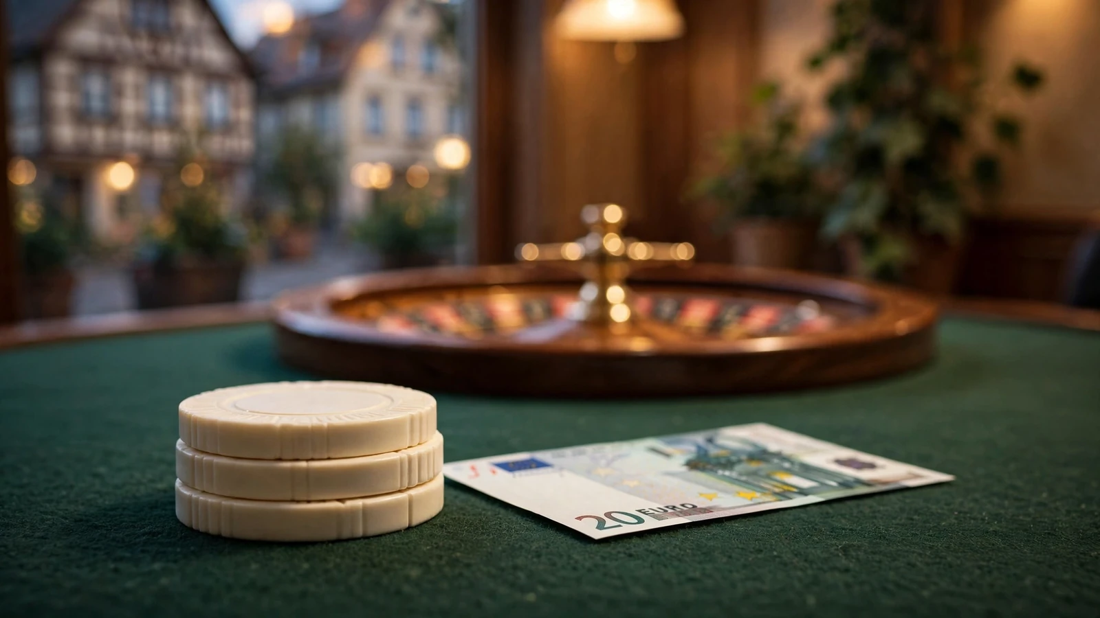 Drei gestapelte Casino-Chips neben einem Geldschein auf einem Filztisch.
