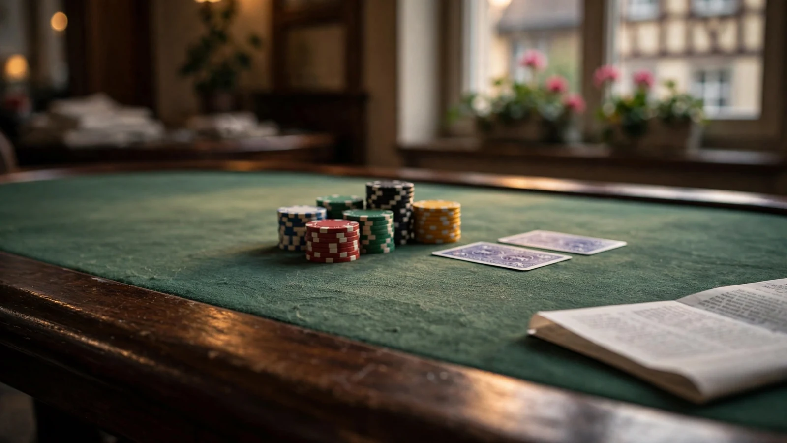 Casino-Tisch mit gestapelten Spielchips und gefaltetem Vertragsdokument am Rand