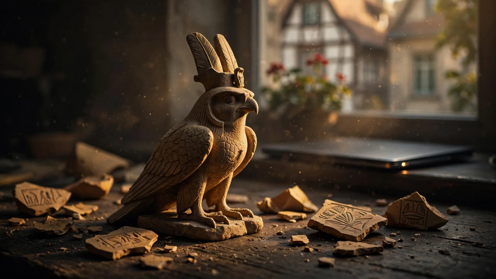 Ägyptische Horus-Falkenstatue auf Holztisch mit Keramik und Hieroglyphen