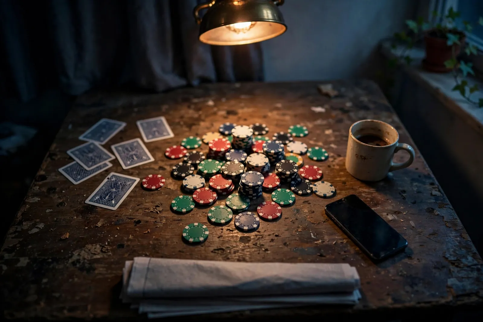 Nächtlicher Schreibtisch mit Casino-Chips, verdeckten Karten und umgedrehtem Smartphone unter warmer Lampe.