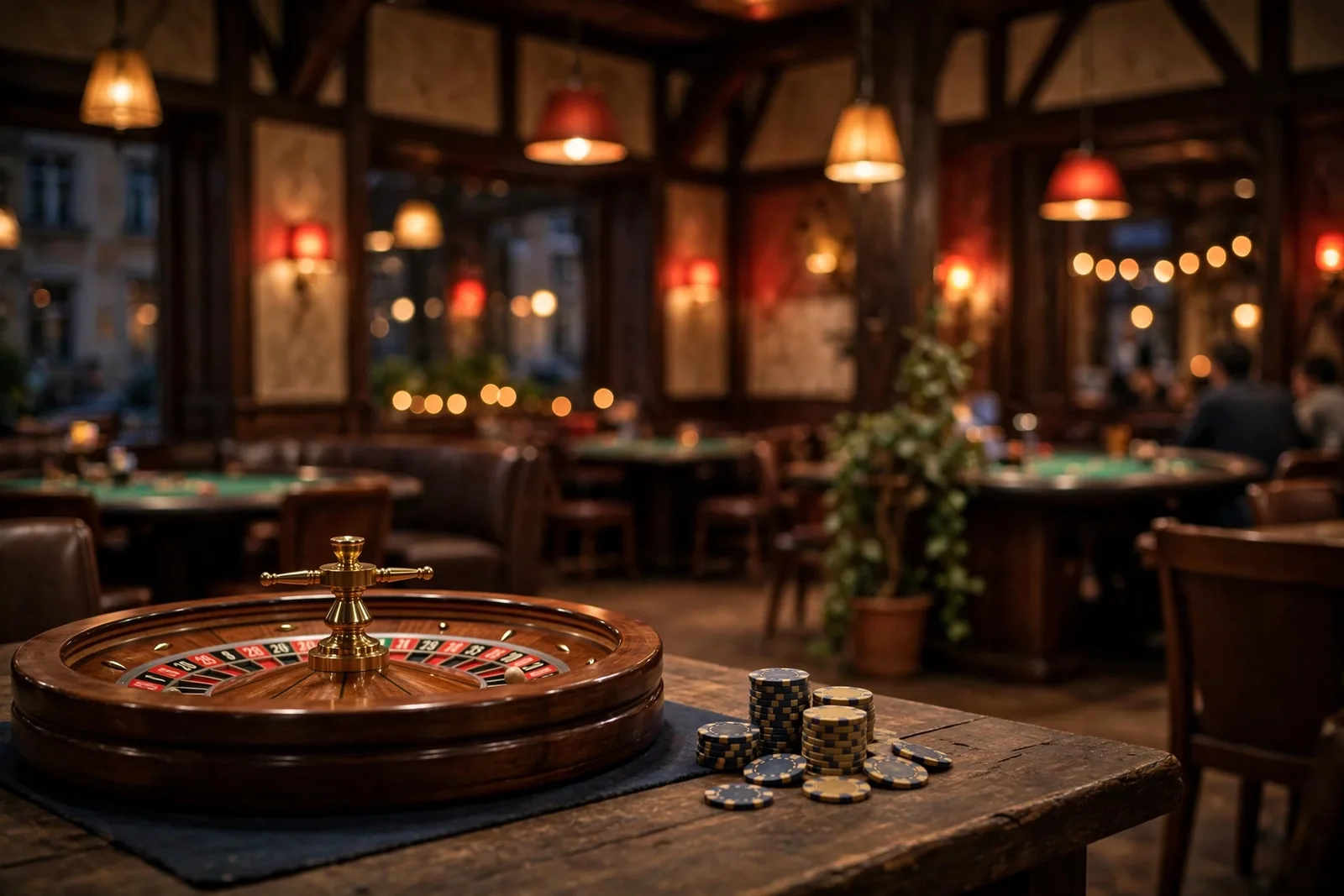 Stimmungsvolles Foto eines Casino-Tischs mit Roulette und Chips