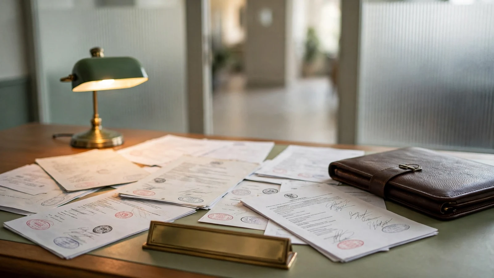 Schreibtisch in einem Aufsichtsbüro mit gestempelten Dokumenten und geschlossenem Aktenportfolio