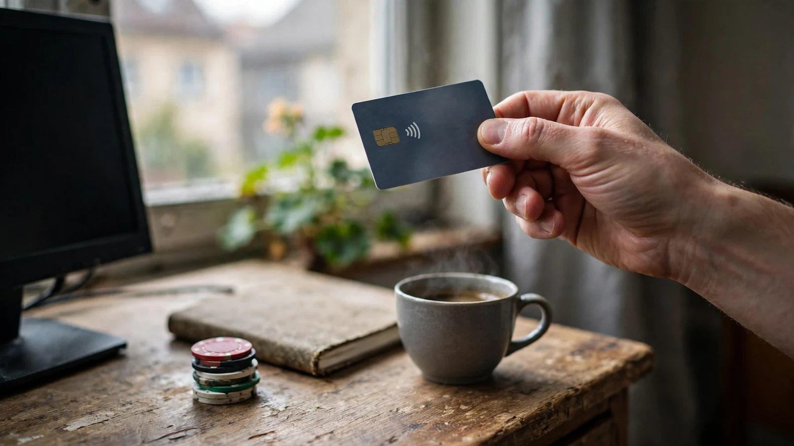 Hand hält Bankkarte neben Computer und Casino-Chips auf Schreibtisch