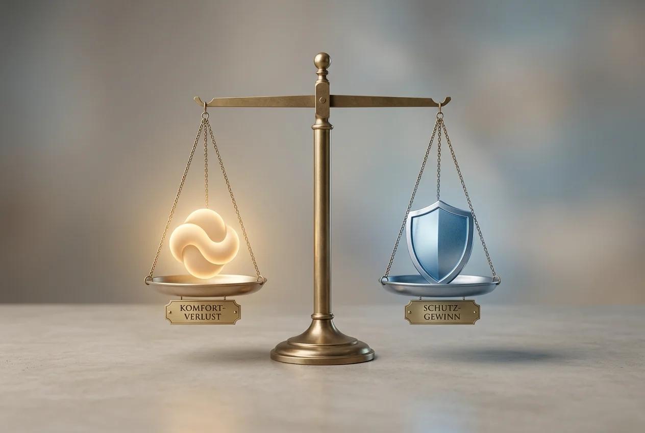 Waage zwischen einem Komfortsymbol und einem Schutzschild als Sinnbild der Abwägung