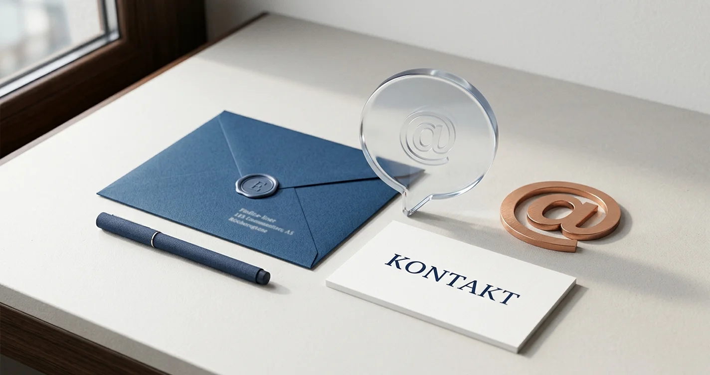 Symbolische Darstellung von Kontaktwegen mit Briefumschlag und Nachrichtensymbolen auf neutralem Hintergrund