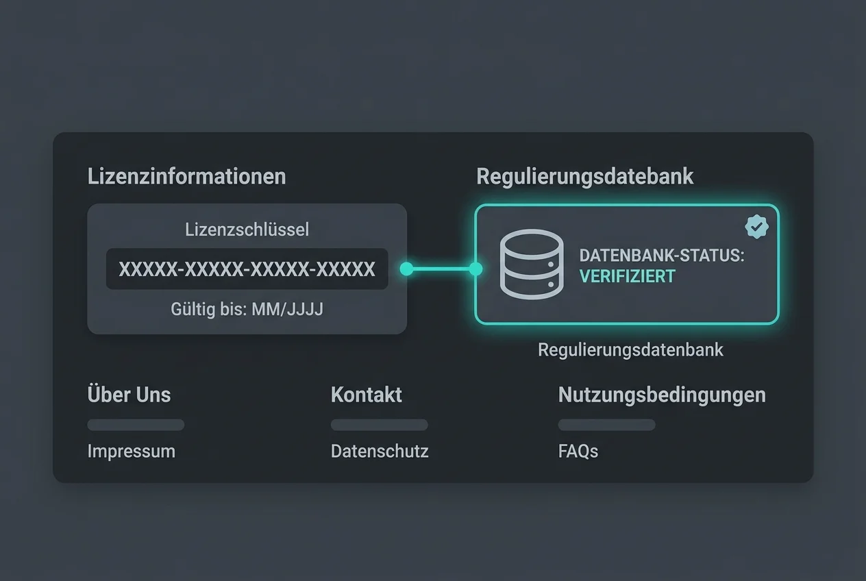 Abstrakte Darstellung einer Lizenznummer im Seitenfuß mit Verweis auf eine Aufsichtsdatenbank