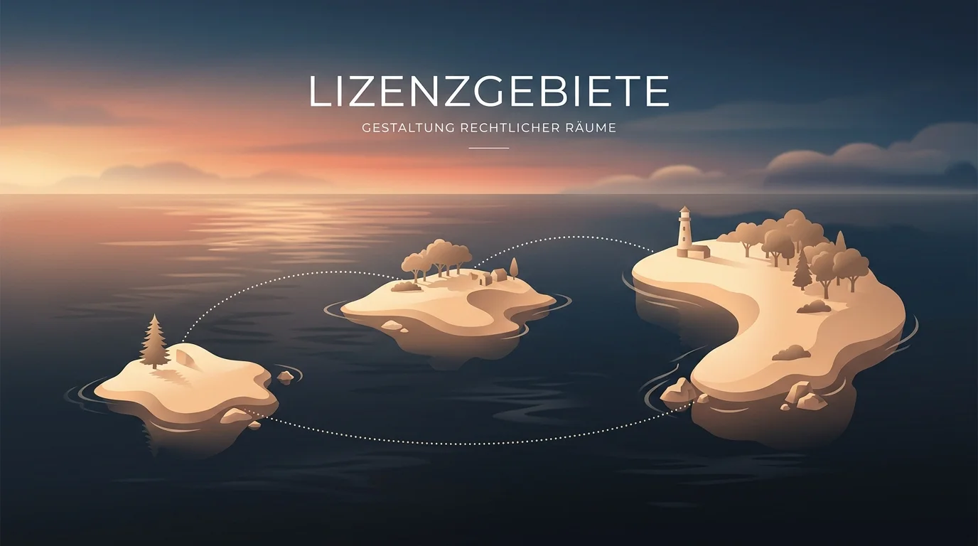 Drei abstrakte Inselsymbole stehen für die Lizenzgebiete Malta, Curaçao und Anjouan
