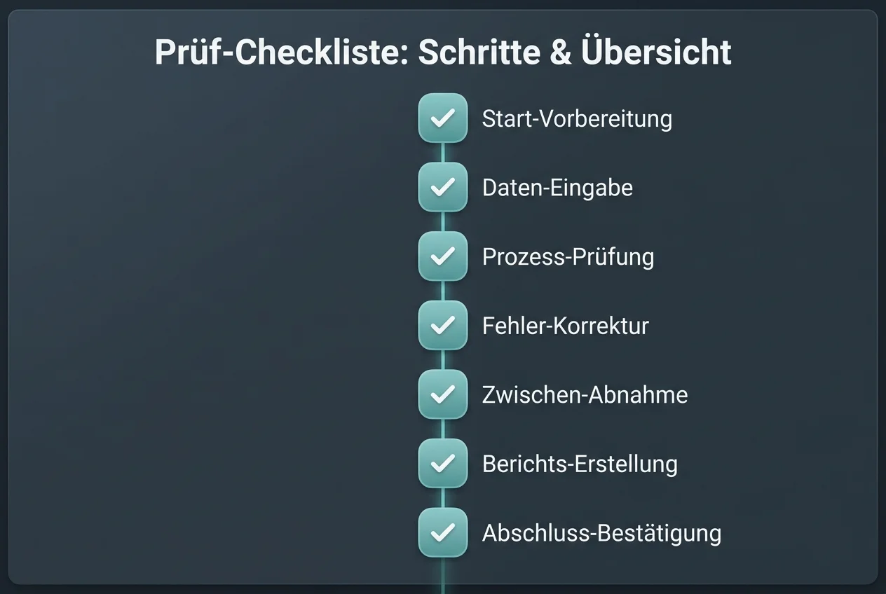 Vertikale Schritt-Checkliste mit Häkchen als kompakte Prüf-Übersicht