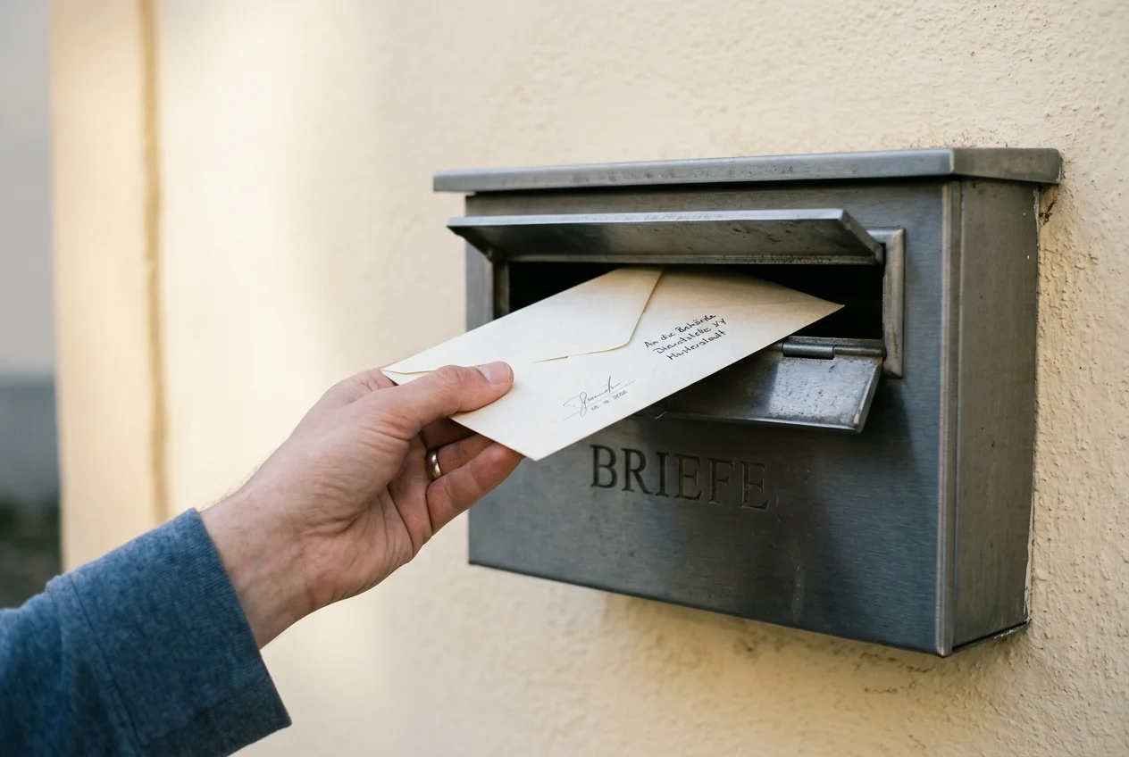 Hand legt ein unterschriebenes Antragsformular in einen Briefkasten