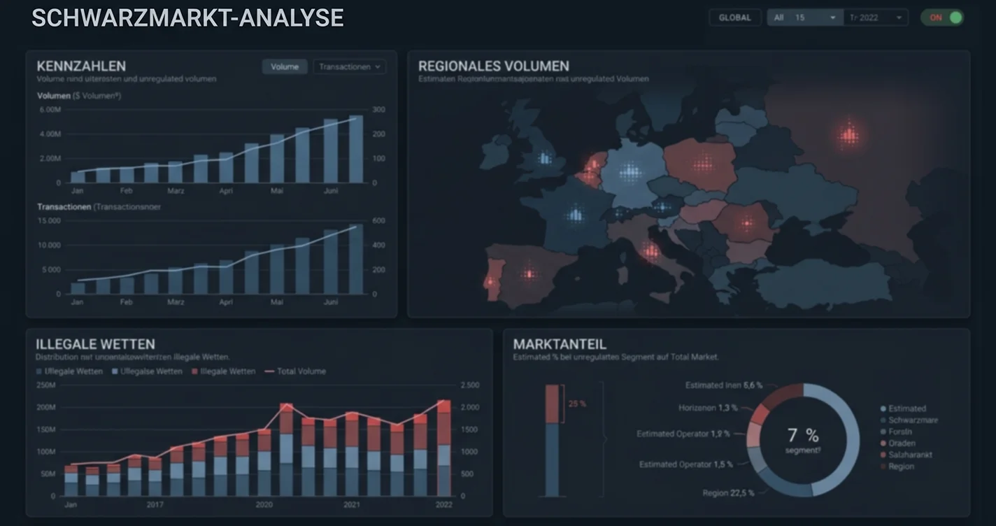 Sachliche Datenvisualisierung des unregulierten Glücksspielmarktes mit abstrakten Balkenclustern