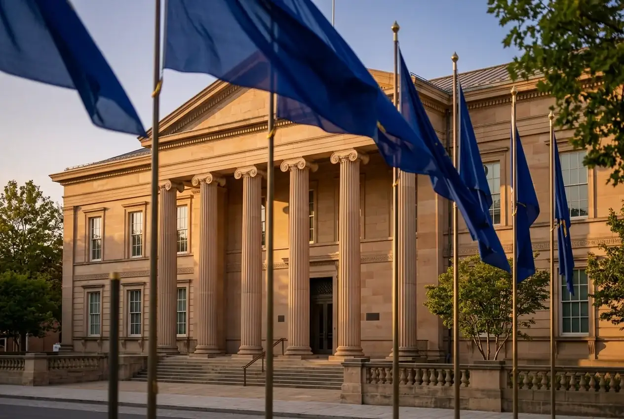 Europäische Flaggen vor einem Gerichtsgebäude als Sinnbild europäischer Rechtsprechung
