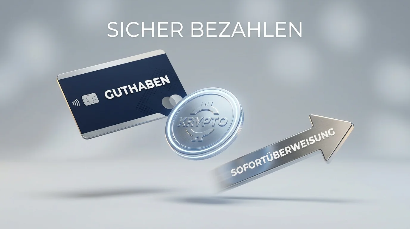 Symbolische Darstellung von Prepaid-Karte, Sofortüberweisung und Kryptowährung als Zahlungswege